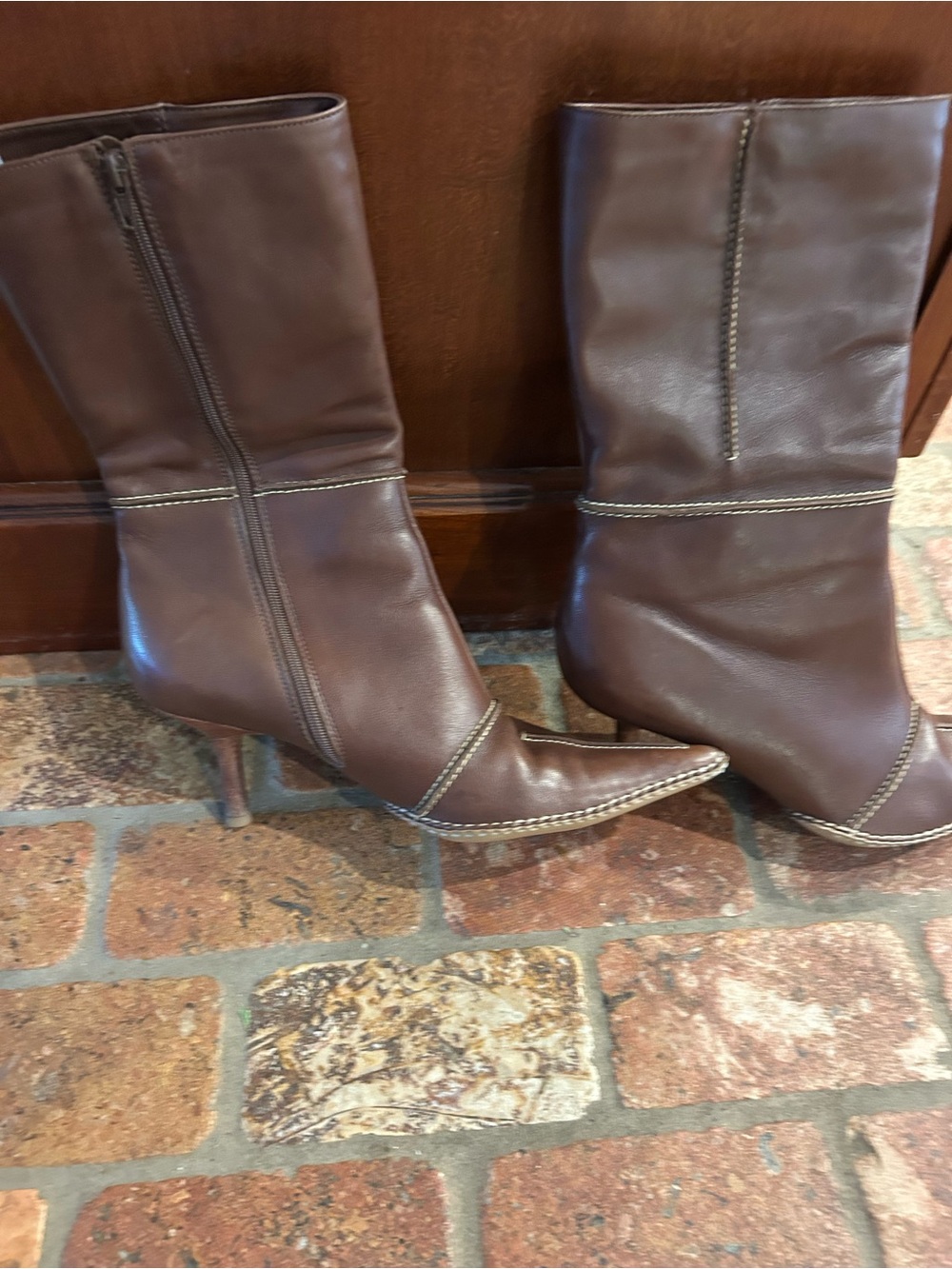 Luichiny Chocolate Brown Pointed-Toe Mid-Calf Heeled Boots